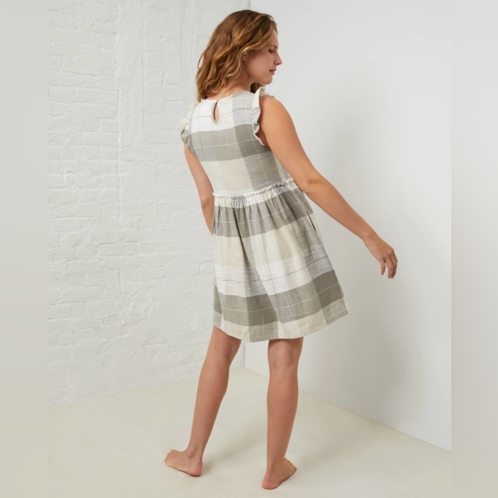 UpWest Plaid Flannel Babydoll Mini Dress Flutter Sleeve Beige Gray NWT Size M - Picture 6 of 15